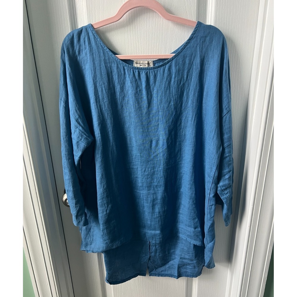 Terzo Millennio Blouse Size M 100% Linen Blue Oversize Lagenlook Hi Lo‎ Size M